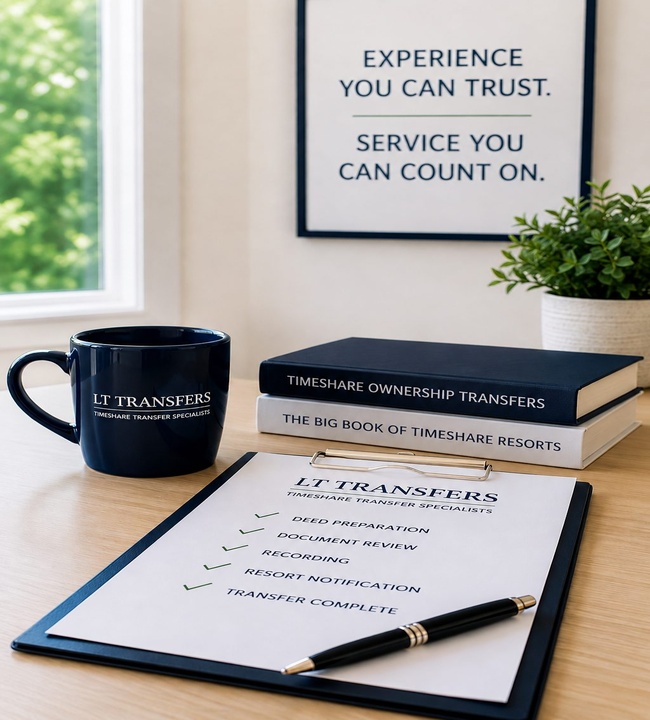 Professional timeshare transfer paperwork arranged beside a pen with a vacation property in the background